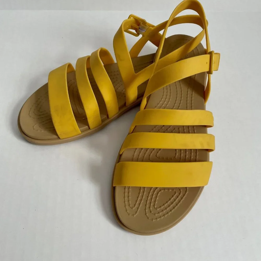Crocs Tulum Strappy Sandals Size 6 Canary Yellow/Tan 206107 Adjustable Buckle - Picture 6 of 11